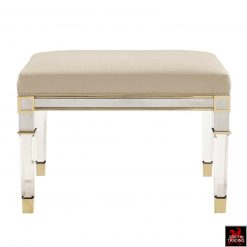 Caracole Classic bench seat and ottoman with clear acrylic legs.