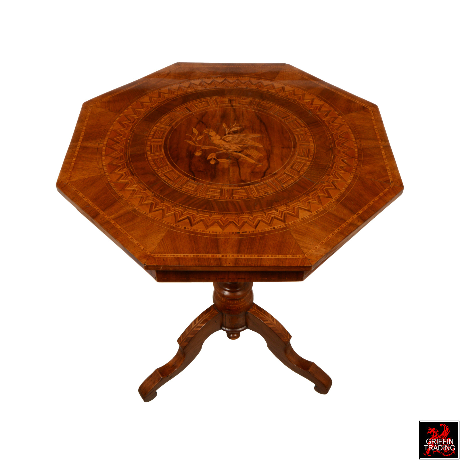 Antique 19th Century Italian side table with wood marquetry inlay.