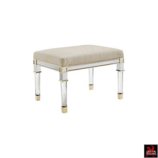 Caracole Classic bench seat and ottoman with clear acrylic legs.