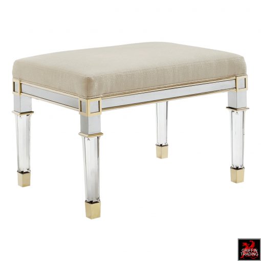 Caracole Classic bench seat and ottoman with clear acrylic legs.