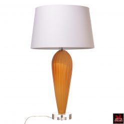 Pair of Citrine color glass table lamps With white linen shades.