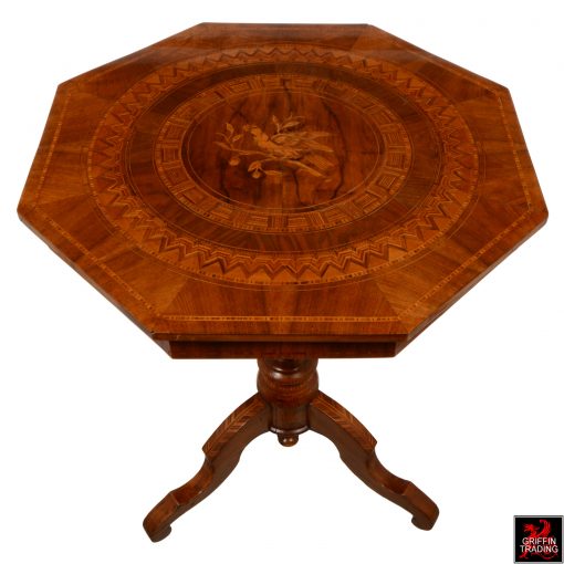 Antique 19th Century Italian side table with wood marquetry inlay.