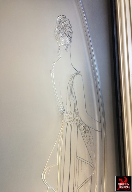 Etched glass panels from a women's boutique.