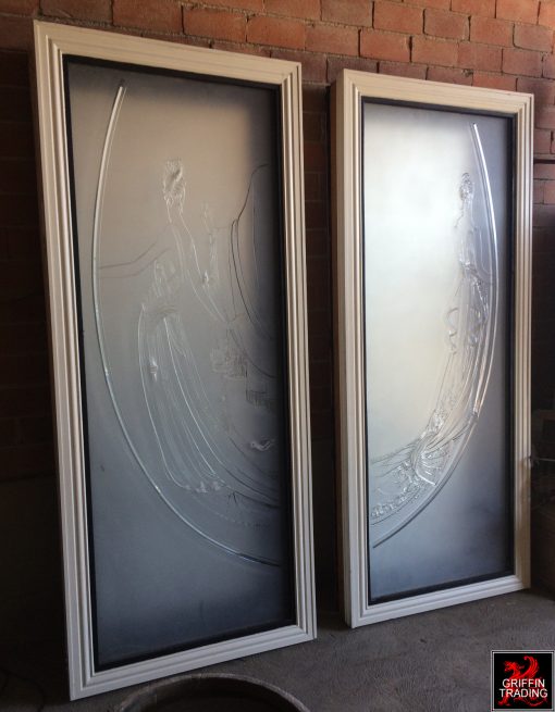 Etched glass panels from a women's boutique.