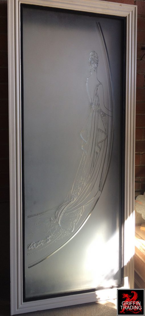 Etched glass panels from a women's boutique.