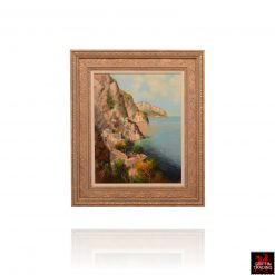 Amalfi Coast seascape painting with gold frame.