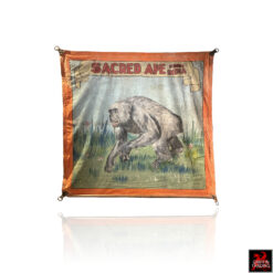 This is a hand-painted 1940s circus sideshow banner advertising a 'Sacred Ape from India,' a genuine piece of vintage Americana used to attract visitors to carnival midways.