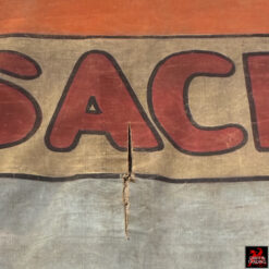 This is a hand-painted 1940s circus sideshow banner advertising a 'Sacred Ape from India,' a genuine piece of vintage Americana used to attract visitors to carnival midways.