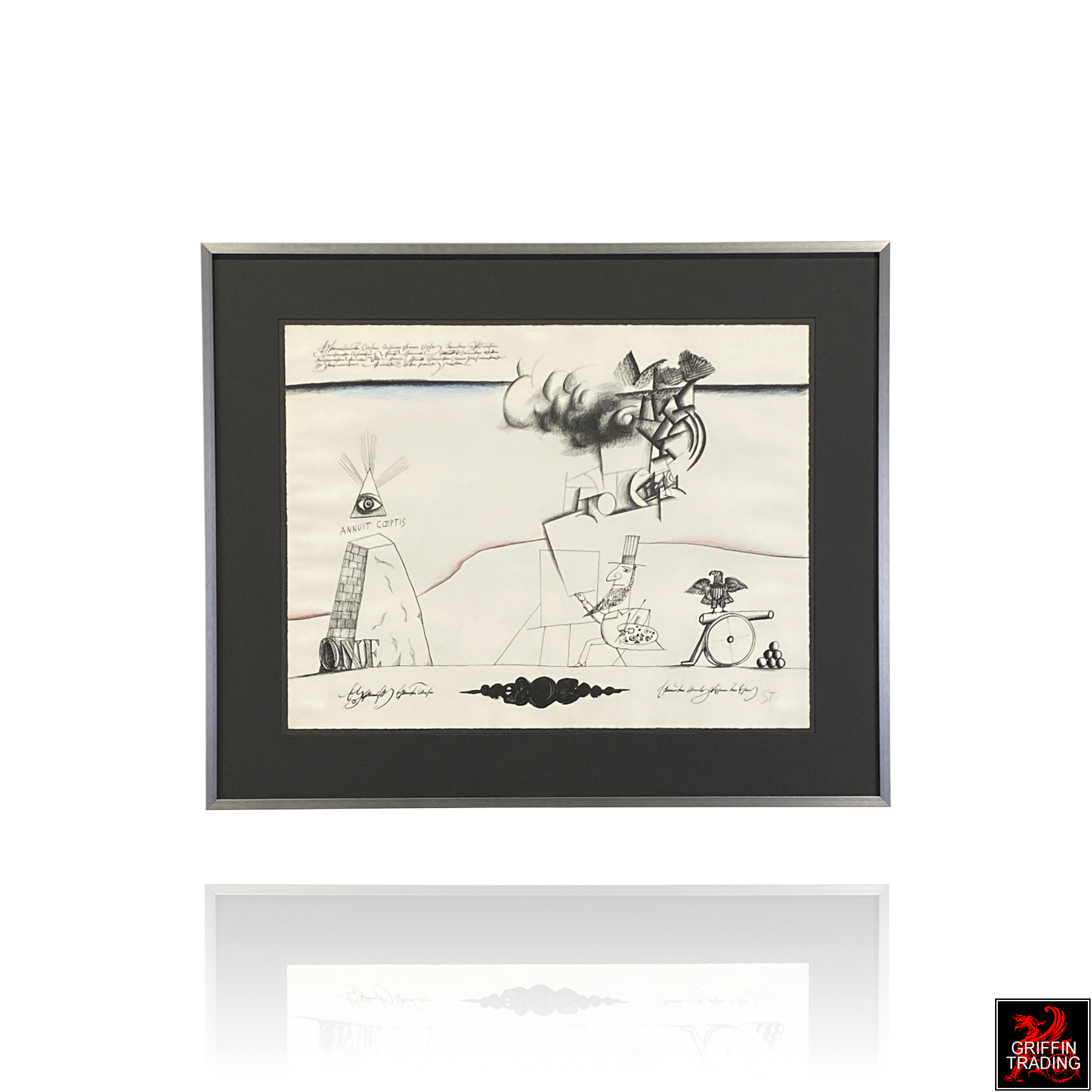 Signed Saul Steinberg signed original lithograph Annuit Coeptis from circa 1966–1968.