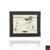 Signed Saul Steinberg lithograph titled *Annuit Coeptis*, circa 1966–1968, featuring symbolic architectural and figurative imagery, framed under glass in a dark grey metal frame, mid-century modern fine art print.