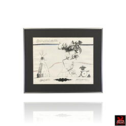 Signed Saul Steinberg lithograph titled *Annuit Coeptis*, circa 1966–1968, featuring symbolic architectural and figurative imagery, framed under glass in a dark grey metal frame, mid-century modern fine art print.