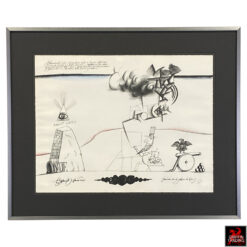 Signed Saul Steinberg lithograph titled *Annuit Coeptis*, circa 1966–1968, featuring symbolic architectural and figurative imagery, framed under glass in a dark grey metal frame, mid-century modern fine art print.