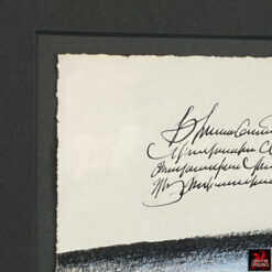 Signed Saul Steinberg lithograph titled *Annuit Coeptis*, circa 1966–1968, featuring symbolic architectural and figurative imagery, framed under glass in a dark grey metal frame, mid-century modern fine art print.