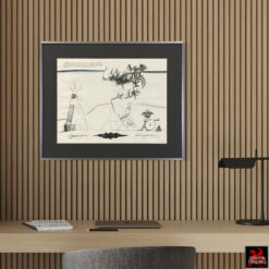 Signed Saul Steinberg lithograph titled *Annuit Coeptis*, circa 1966–1968, featuring symbolic architectural and figurative imagery, framed under glass in a dark grey metal frame, mid-century modern fine art print.