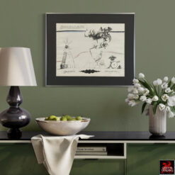 Signed Saul Steinberg lithograph titled *Annuit Coeptis*, circa 1966–1968, featuring symbolic architectural and figurative imagery, framed under glass in a dark grey metal frame, mid-century modern fine art print.