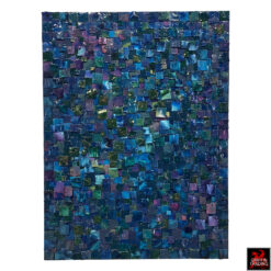 Waters Above is an original mixed media mosaic painting made from hundreds of hand-painted clay tiles in blue, teal, green, and purple tones with copper wire accents, arranged on a gallery-wrapped canvas; highly textured abstract ocean-inspired wall art by a contemporary artist.